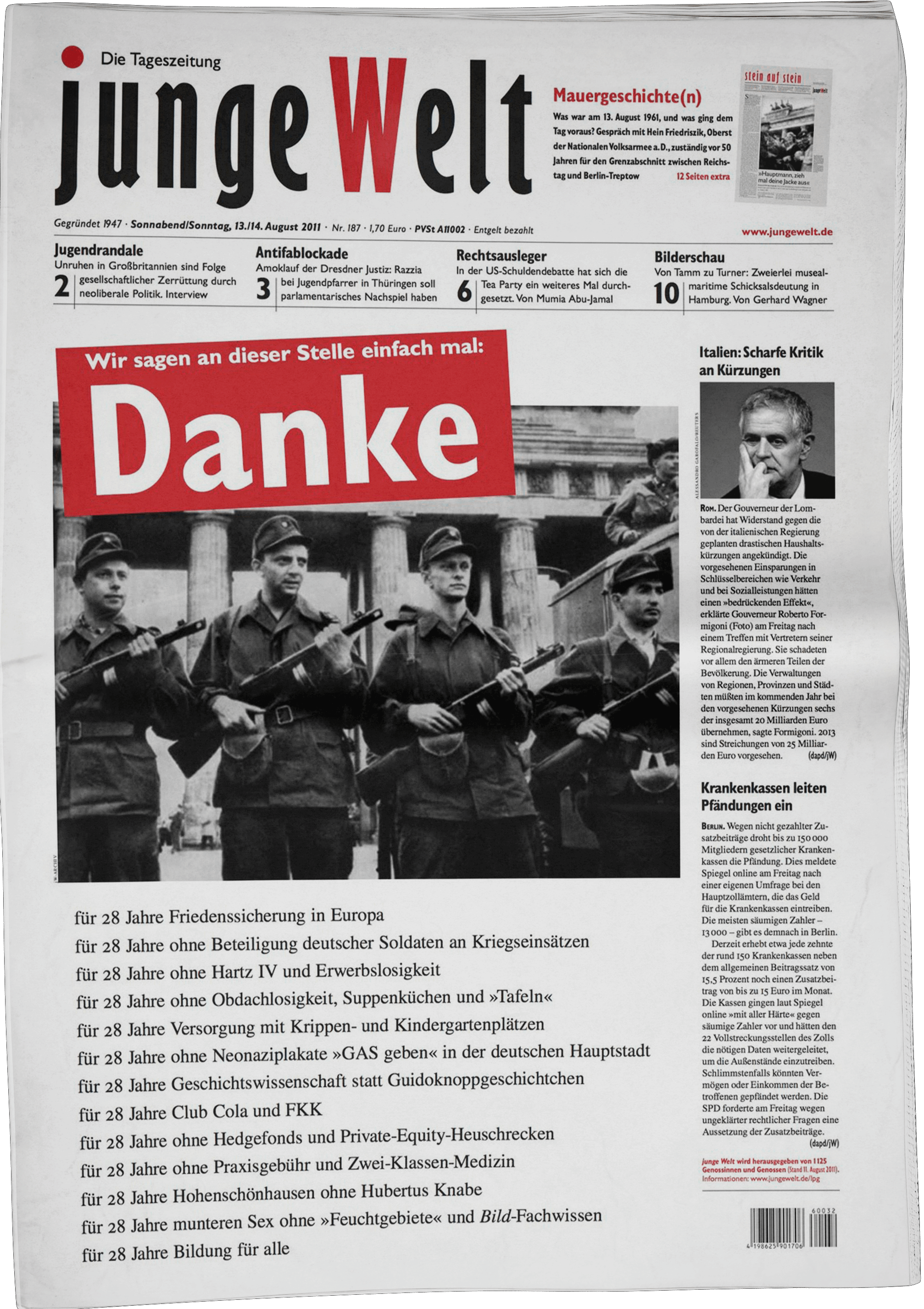 Ein Cover der Zeitung »junge Welt«. Darauf zu sehen ist der Schriftzug »Wir sagen an dieser Stelle einfach mal: Danke!« und darunter eine Liste von Dingen für die sich bei der DDR bedankt wird.