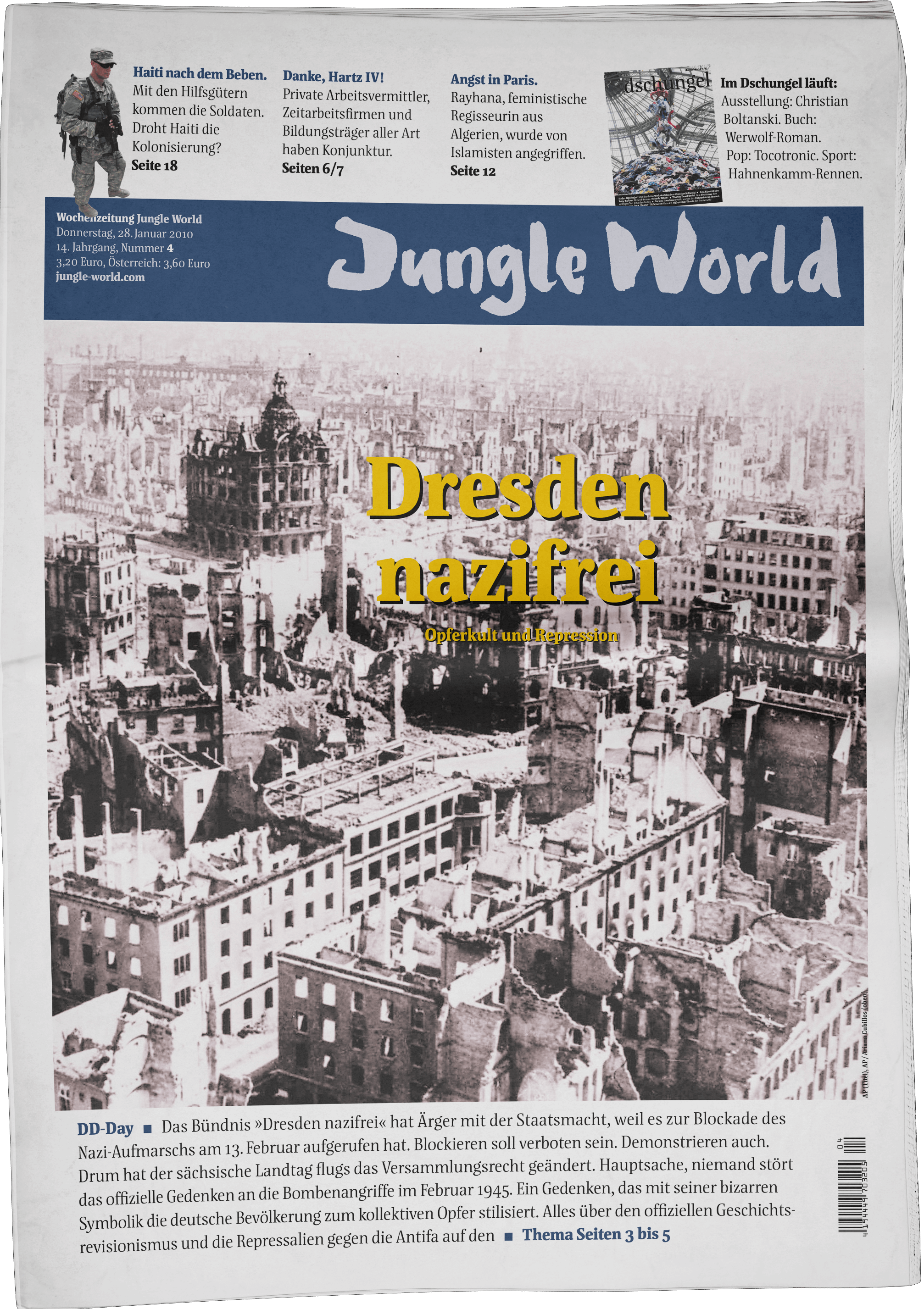 Ein Cover der Zeitung »Jungle World«. Darauf zu sehen ist das zerstörte Stadtbild von Dresden nach der Bombardierung durch die Alliierten im Zweiten Weltkrieg. Darauf zu sehen ist der Schriftzug »Dresden nazifrei – Opferkult und Repression«