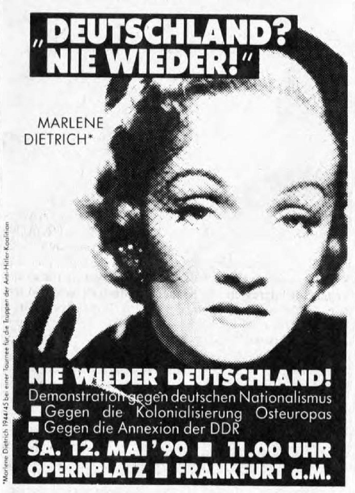 Ein Demoplakat: Marlene Dietrich mit dem Schriftzug »Deutschland? Nie wieder«