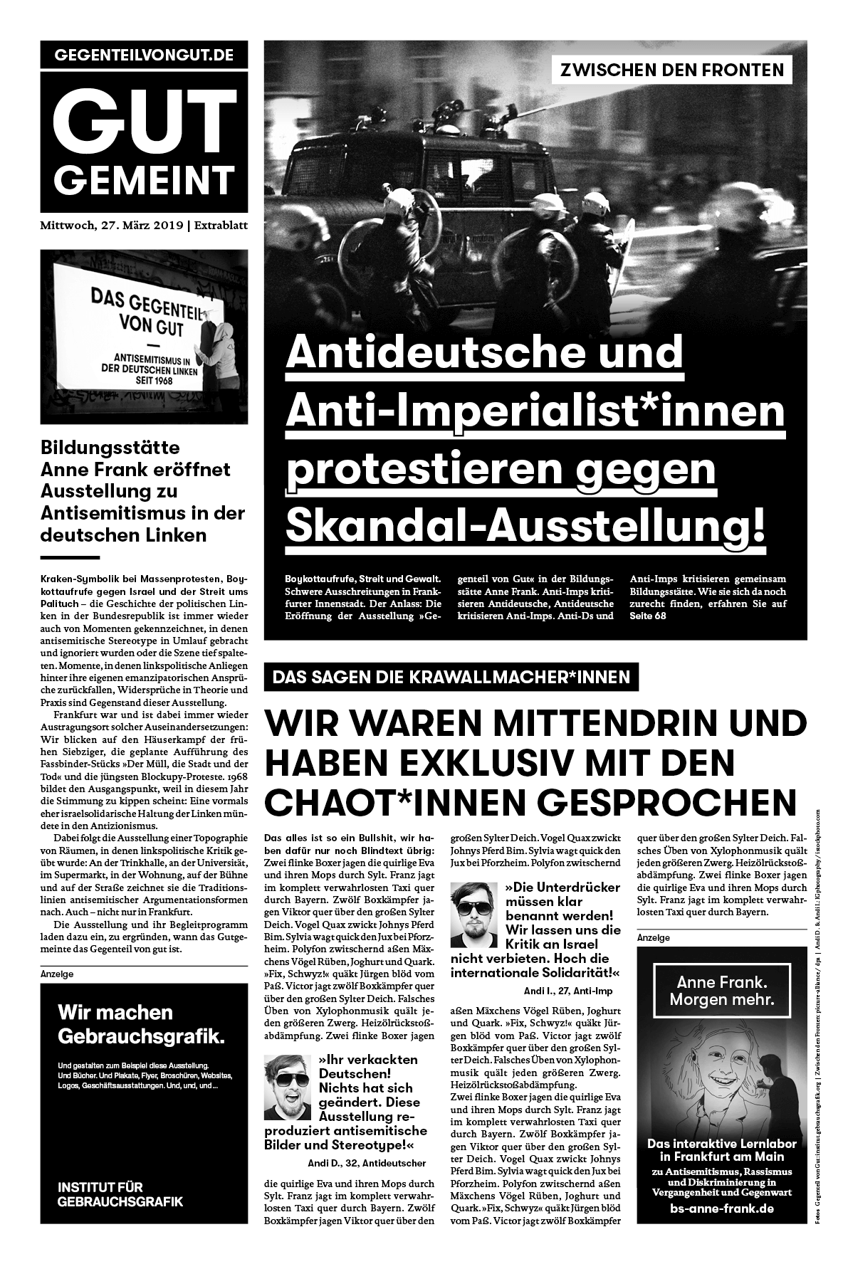 Das Cover der »GUT GEMEINT« Zeitung. die Schlagzeile lautet: »Antideutsche und Anti-Imperialist*innen protestieren gegen Skandal-Ausstellung!«