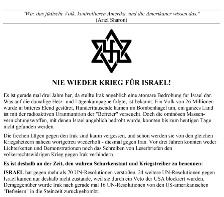 Ein Flyer, in dem Israel als Schurkenstaat bezeichnet wird und auf dem ein mit einem Hakenkreuz verschlungener Davidstern zu sehen ist.